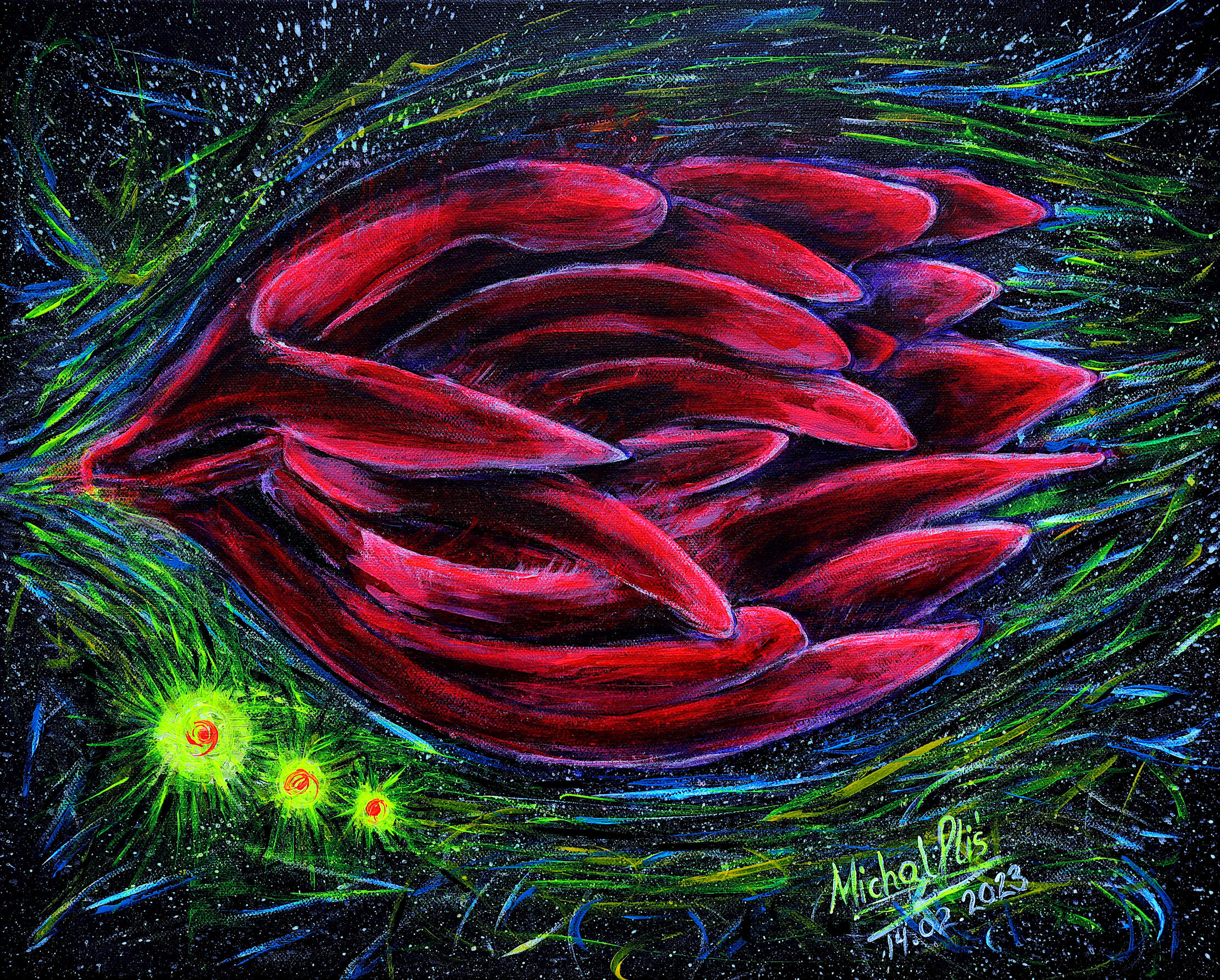 "Seablite space creature" - Original UV Acrylic Painting by Michal Plis (2023) Original UV acrylic painting on canvas titled "Seablite space creature" by Melbourne artist Michal Plis. The abstract artwork features a vibrant red, botanical-like alien organism floating in a dark, starry cosmic background surrounded by swirling blue and